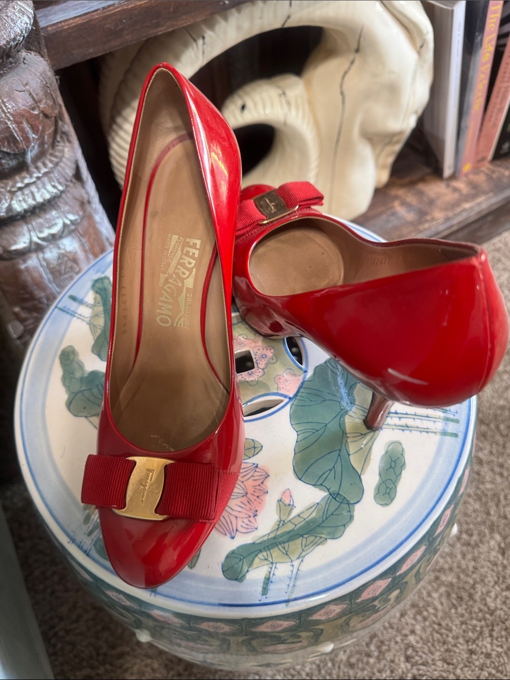 Salvatore Ferragamo Glossy Red Patent Bow Pumps with Gold Accent
